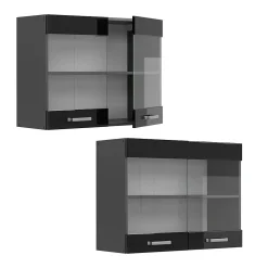 Vicco Meuble de cuisine haut vitré Noir Haute brillance 80cm