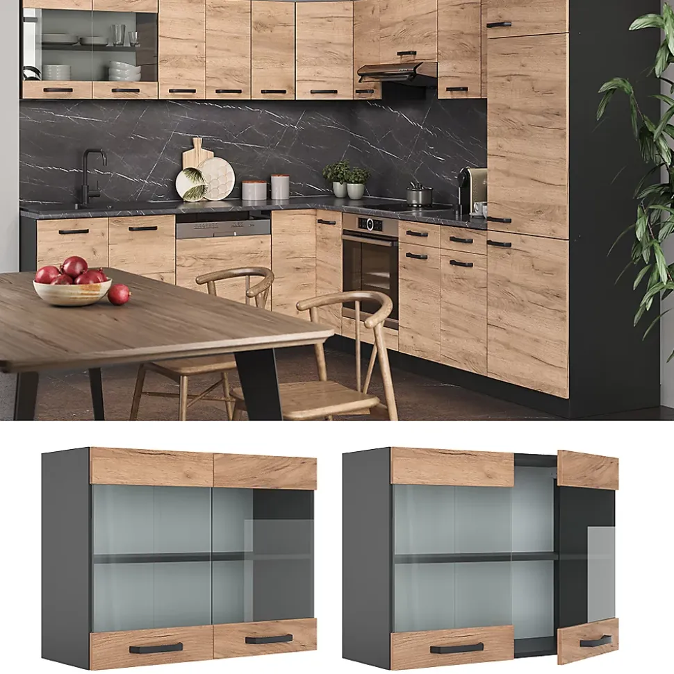 Vicco Meuble de cuisine haut vitré Chêne de force doré 80cm