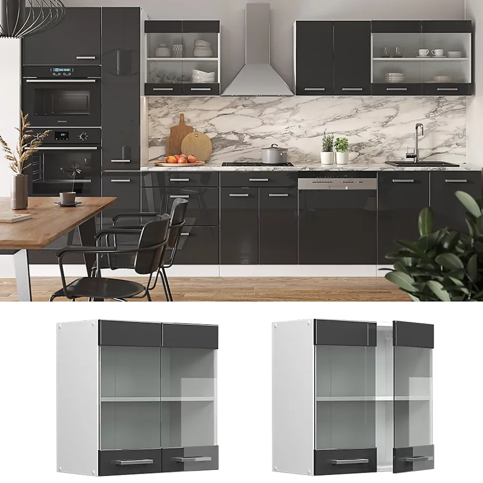 Vicco Meuble de cuisine haut vitré Anthracite Haute brillance 60cm