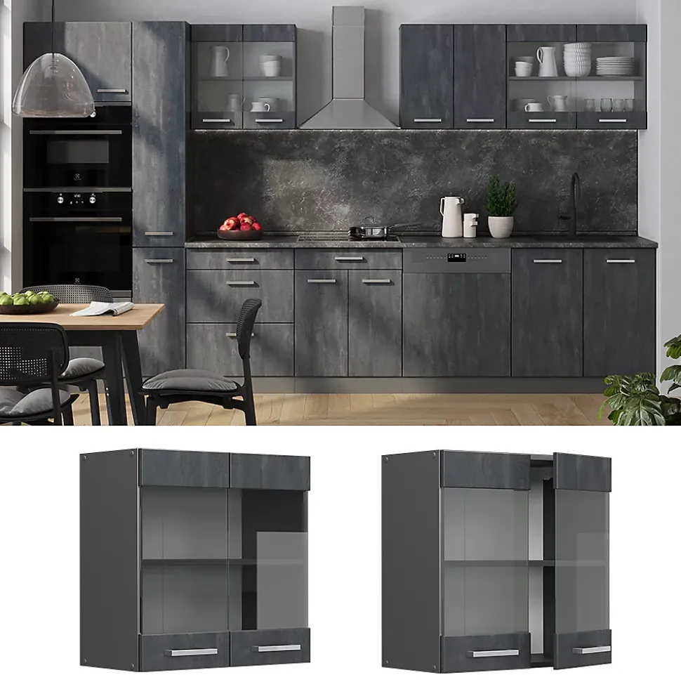 Vicco Meuble de cuisine haut vitré Béton noir 60cm