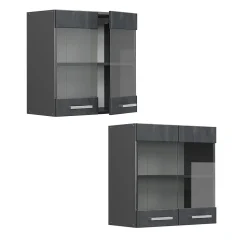 Vicco Meuble de cuisine haut vitré Béton noir 60cm