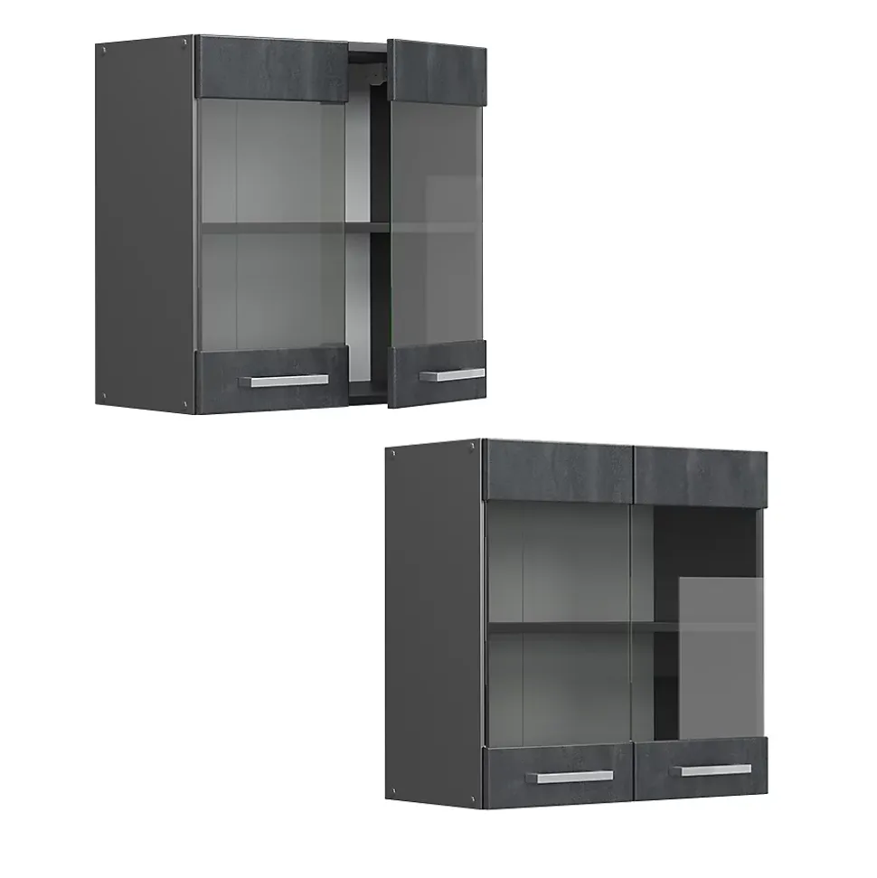 Vicco Meuble de cuisine haut vitré Béton noir 60cm