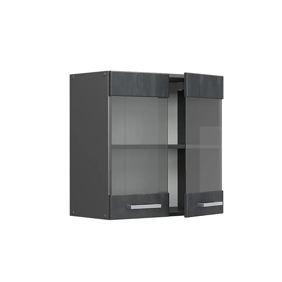 Vicco Meuble de cuisine haut vitré Béton noir 60cm