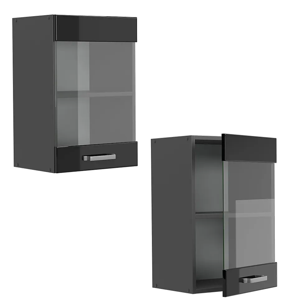 Vicco Meuble de cuisine haut vitré Noir Haute brillance 40cm