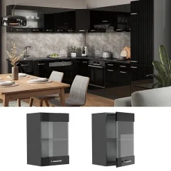 Vicco Meuble de cuisine haut vitré Noir Haute brillance 40cm