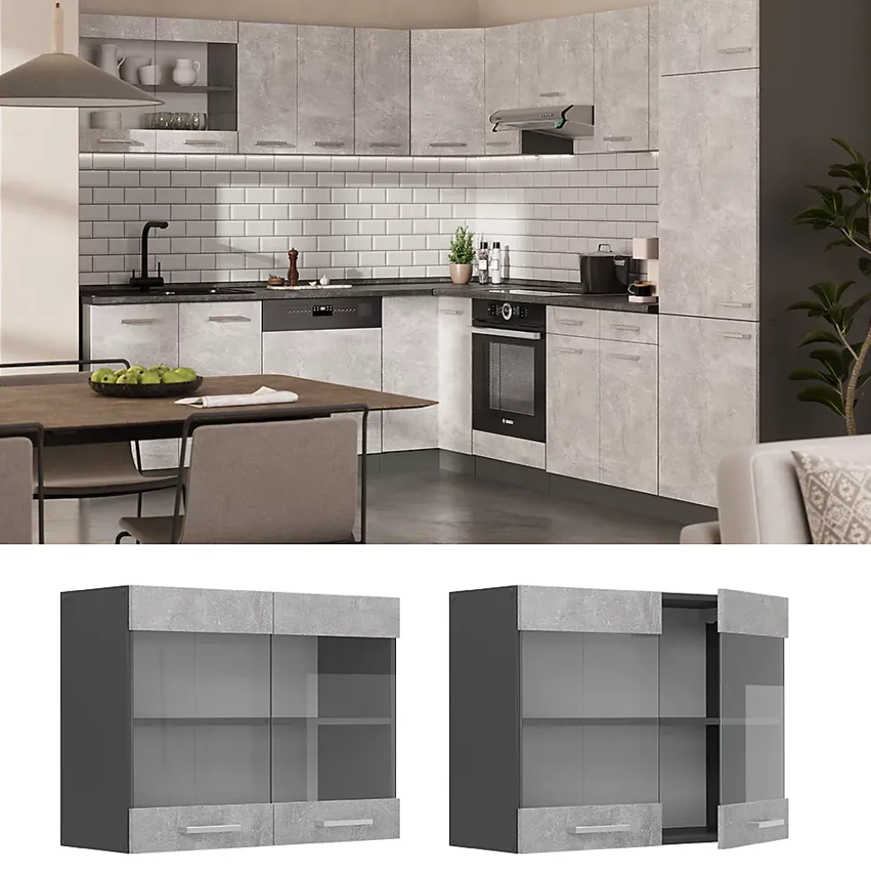 Vicco Meuble de cuisine haut vitré Béton 80cm
