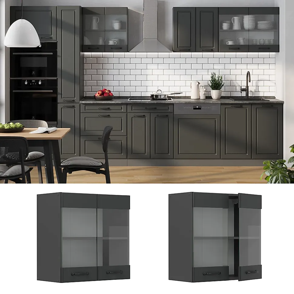 Vicco Meuble de cuisine haut vitré Anthracite campagne 60cm