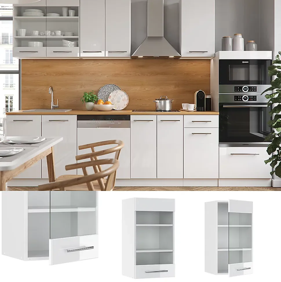 Vicco Meuble de cuisine haut vitré Blanc Haute brillance 40cm