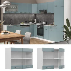 Vicco Meuble de cuisine haut vitré Bleu-gris 80cm