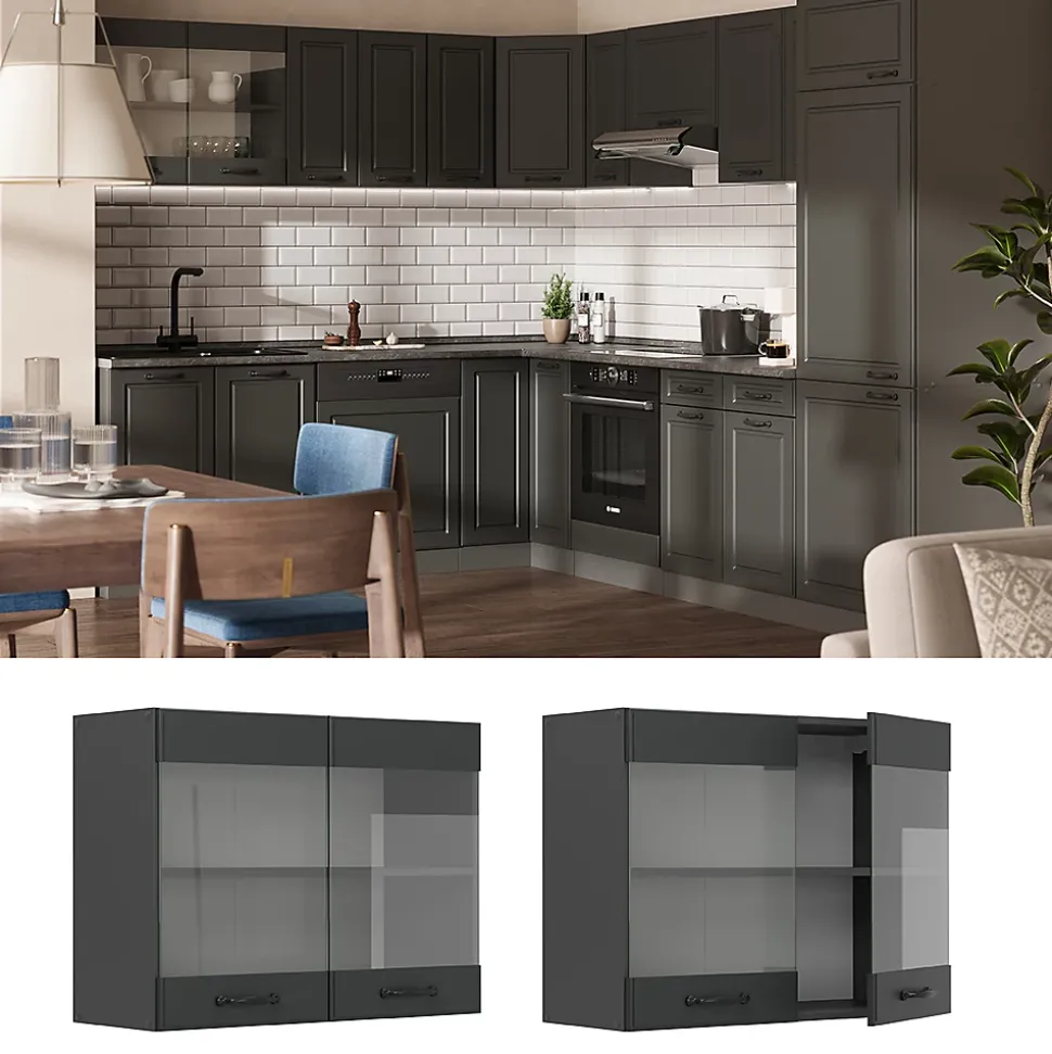 Vicco Meuble de cuisine haut vitré Anthracite campagne 80cm