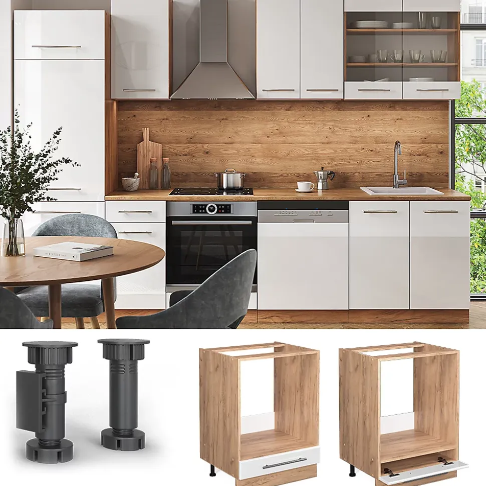 Vicco Meuble pour four Blanc Haute brillance 60cm , PT Chêne