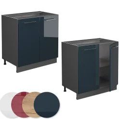 Vicco Meuble sous évier Bleu foncé brillant 80cm avec étagère, sans PT