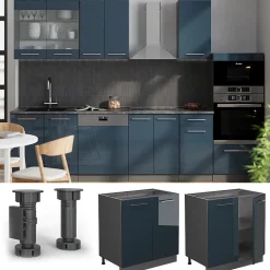 Vicco Meuble sous évier Bleu foncé brillant 80cm avec étagère, PT Marbre