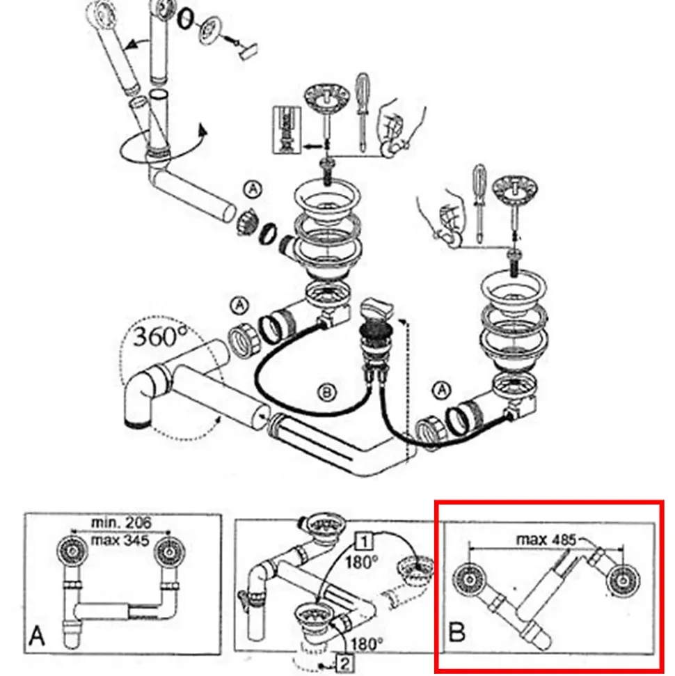 Vidage automatique 2 bacs CUIPD243 pour évier Villeroy & Boch ARCHITECTURA - Siphon gain de place
