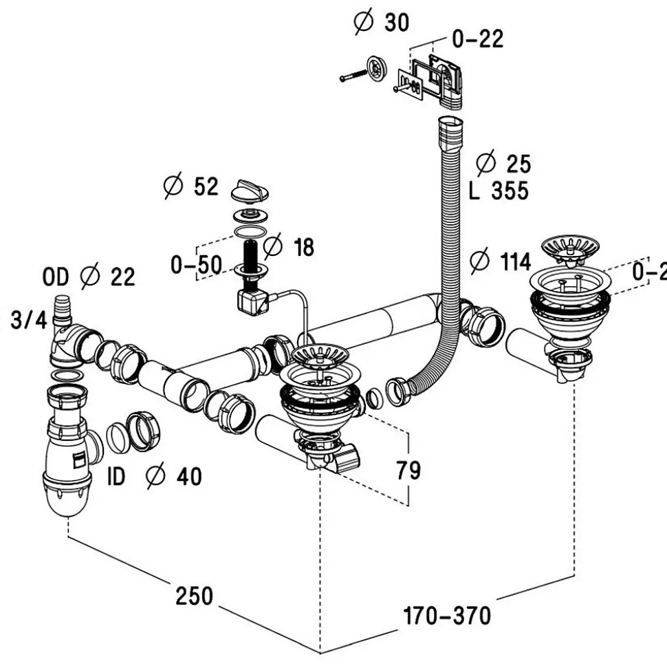 Vidage automatique 2 bacs CUIPD172 pour évier SystemCeram CLEYA - Siphon gain de place