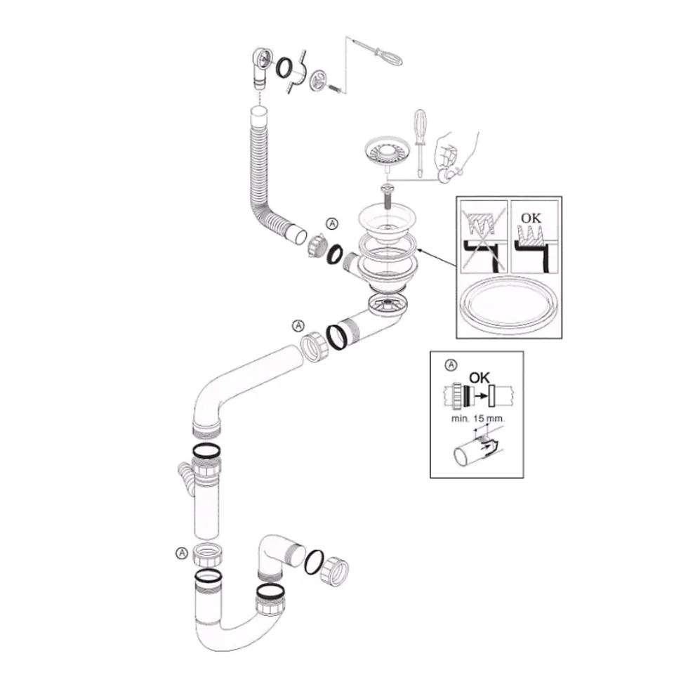 Vidage Bonde manuelle évier 1 bac granit résine HARMONIE chromé - Siphon gain de place