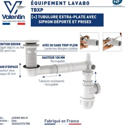 Vidage de lavabo universel avec tubulure extra-plate, siphon déporté, prises Valentin