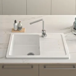 Évier 1 bac 1 égouttoir à droite non réversible à encastrer par dessus 85,7x50cm H 21,5cm grès SANINDUSA Reno XS blanc avec vidage