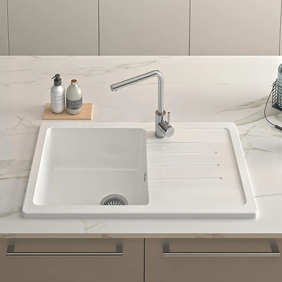 Évier 1 bac 1 égouttoir à droite non réversible à encastrer par dessus 85,7x50cm H 21,5cm grès SANINDUSA Reno XS blanc avec vidage