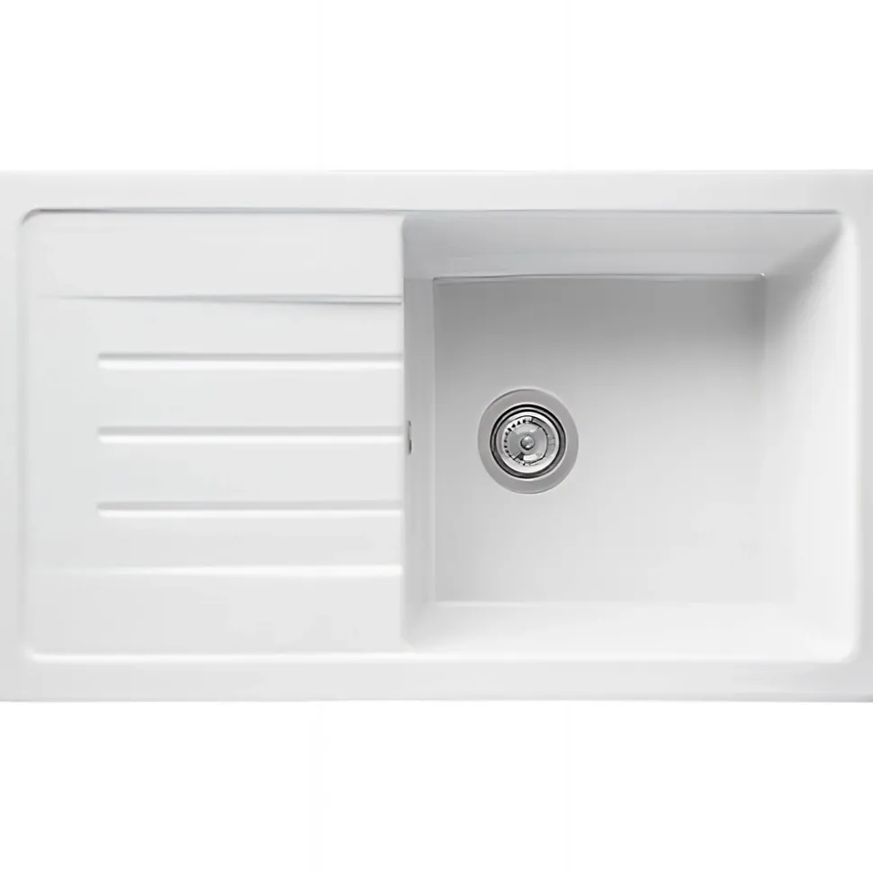 Évier 1 bac 1 égouttoir à droite non réversible à encastrer par dessus 85,7x50cm H 21,5cm grès SANINDUSA Reno XS blanc avec vidage