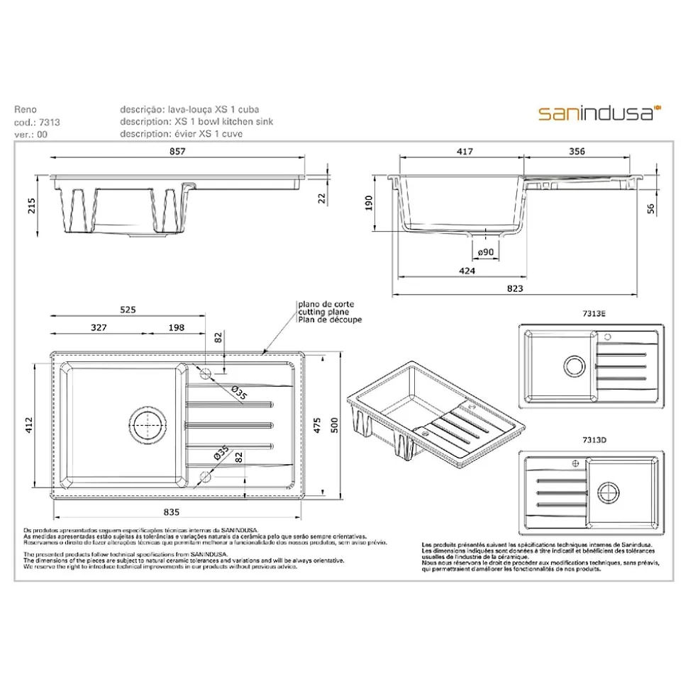 Évier 1 bac 1 égouttoir à gauche non réversible à encastrer par dessus 85,7x50cm H 21,5cm grès SANINDUSA Reno XS blanc avec vidage