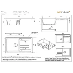 Évier 1 bac 1 égouttoir réversible 2 trous à encastrer 85,7x50cm H 21,5cm grès SANINDUSA Reno XS blanc (vidage non inclus)