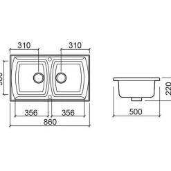 Évier 2 bacs à encastrer par dessus 86x50cm hauteur 22cm céramique SANINDUSA Lusitano blanc
