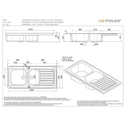 Évier 2 bacs 1 égouttoir à encastrer par dessus céramique SANINDUSA TROIA 112,5x50 hauteur 21,5cm avec trop-plein blanc
