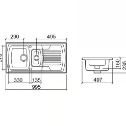 Évier 2 bacs 1 égouttoir à encastrer par dessus 99,5x49,7cm hauteur 23,5cm céramique SANINDUSA Lusitano blanc