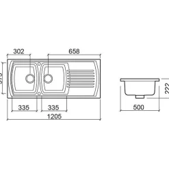 Évier 2 bacs 1 égouttoir à encastrer par dessus 120,5x50cm hauteur 22,2cm céramique SANINDUSA Lusitano blanc