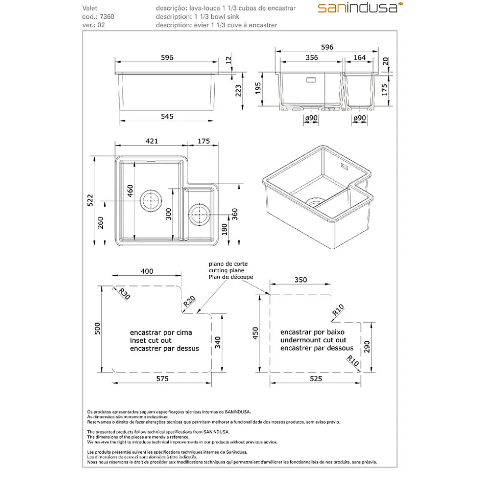 Évier 2 bacs décalés à encastrer par dessus 69,6x52,2cm hauteur 22,3cm céramique SANINDUSA Valet blanc (vidage non inclus)