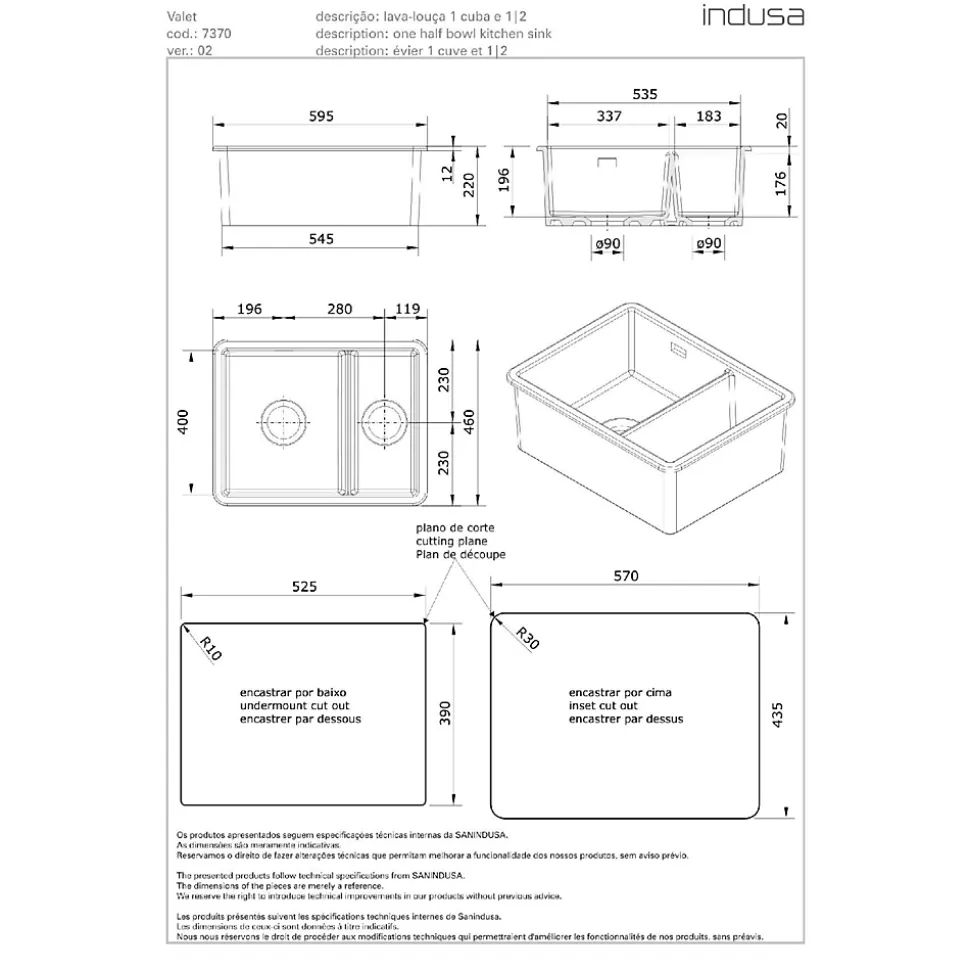 Évier 2 bacs séparés par une cloison à encastrer 59,5x46cm hauteur 22cm céramique SANINDUSA Valet blanc livré avec vidage