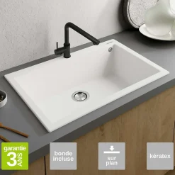 Évier à encastrer 1 Cuve 72x40x20cm - Quartz Blanc - Kera SE FRÉCAN