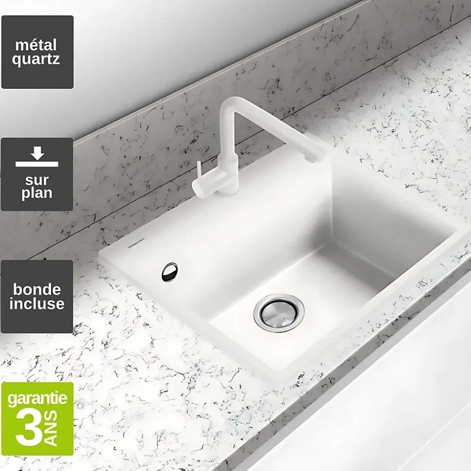 Évier à encastrer 1 Cuve 49x40x20cm - Quartz Blanc - Quadra SE FRÉCAN