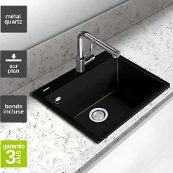Évier à encastrer 1 Cuve 69x40x20cm - Quartz Noir Mat - Quadra SE FRÉCAN