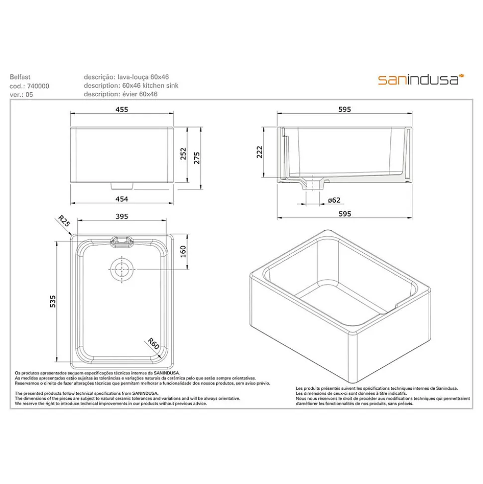 Évier bac a laver 1 bac à poser ou à encastrer par dessous 60x46cm hauteur 25,2cm trop-plein intégré grès SANINDUSA Belfast blanc