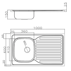 Évier bandeau à poser inox NINO 1 bac 1 égouttoir - 100 cm