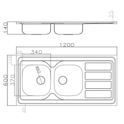 Évier bandeau à poser inox NINO 2 bacs 1 égouttoir - 120 cm