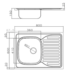 Évier bandeau à poser inox NINO 1 bac 1 égouttoir - 80 cm