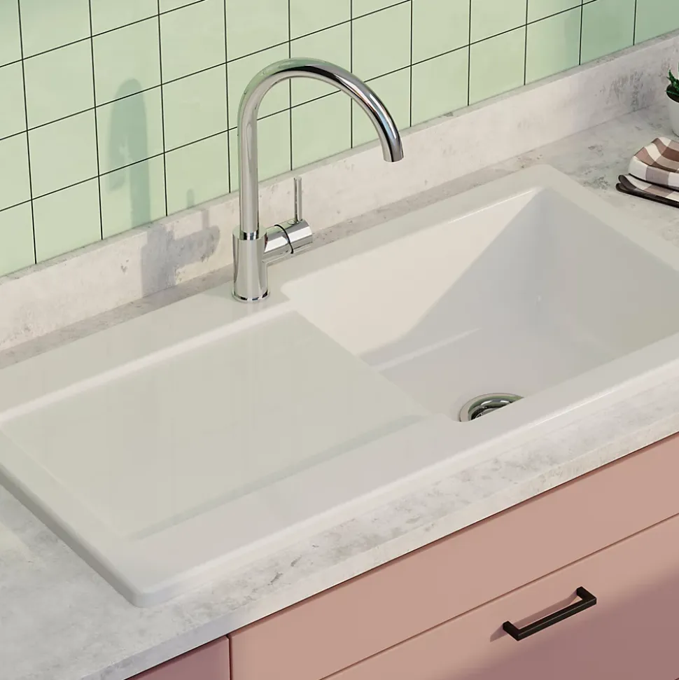 Évier céramique blanc brillant VitrA ARKITEKT 1 grand bac - 1 égouttoir