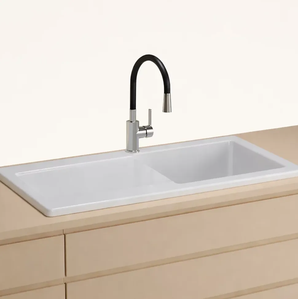 Évier céramique blanc brillant VitrA ARKITEKT 1 grand bac - 1 égouttoir