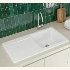 Évier céramique blanc brillant VitrA ARKITEKT 1 grand bac - 1 égouttoir