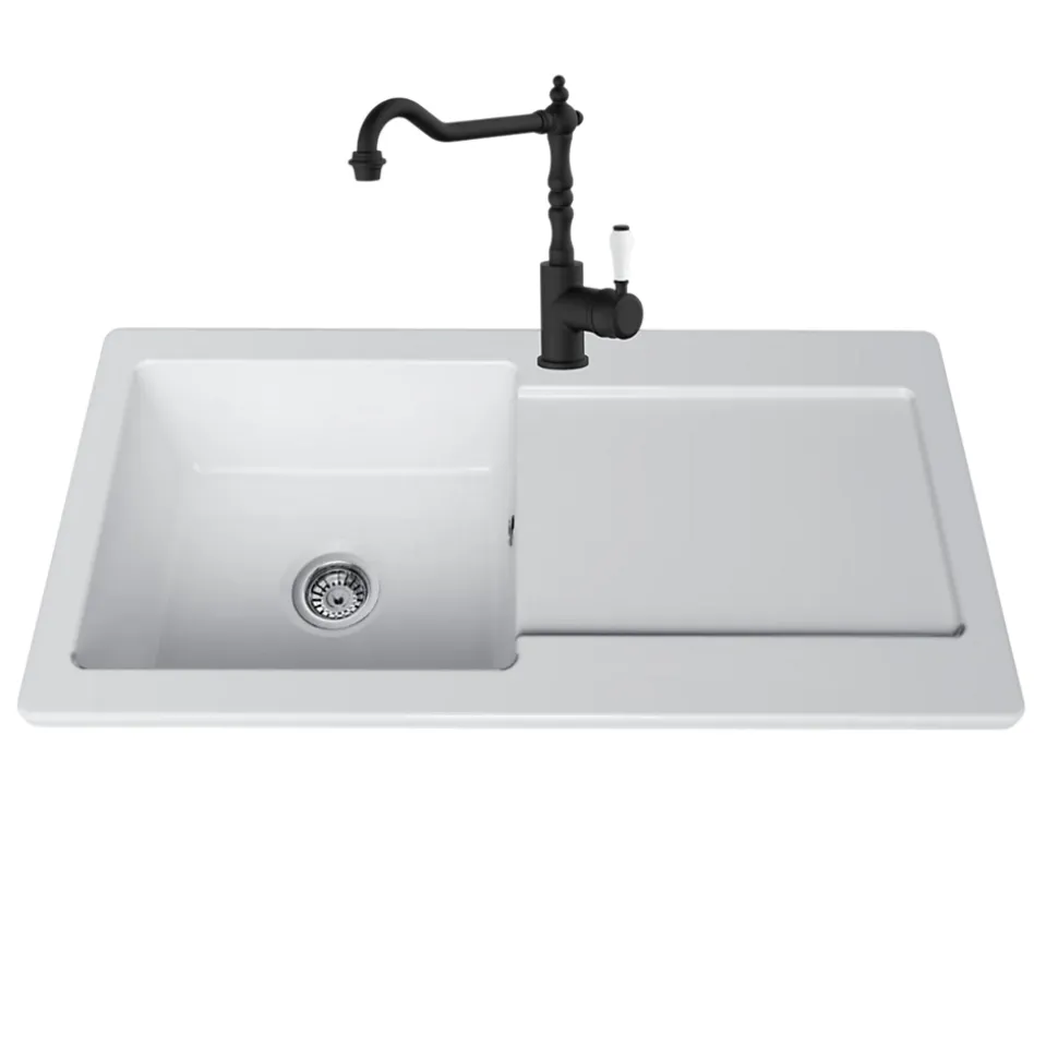 Évier céramique blanc brillant VitrA ARKITEKT 1 grand bac - 1 égouttoir