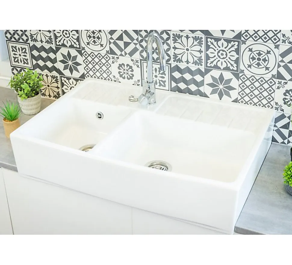 Évier céramique blanc Country 2 bacs 90 cm