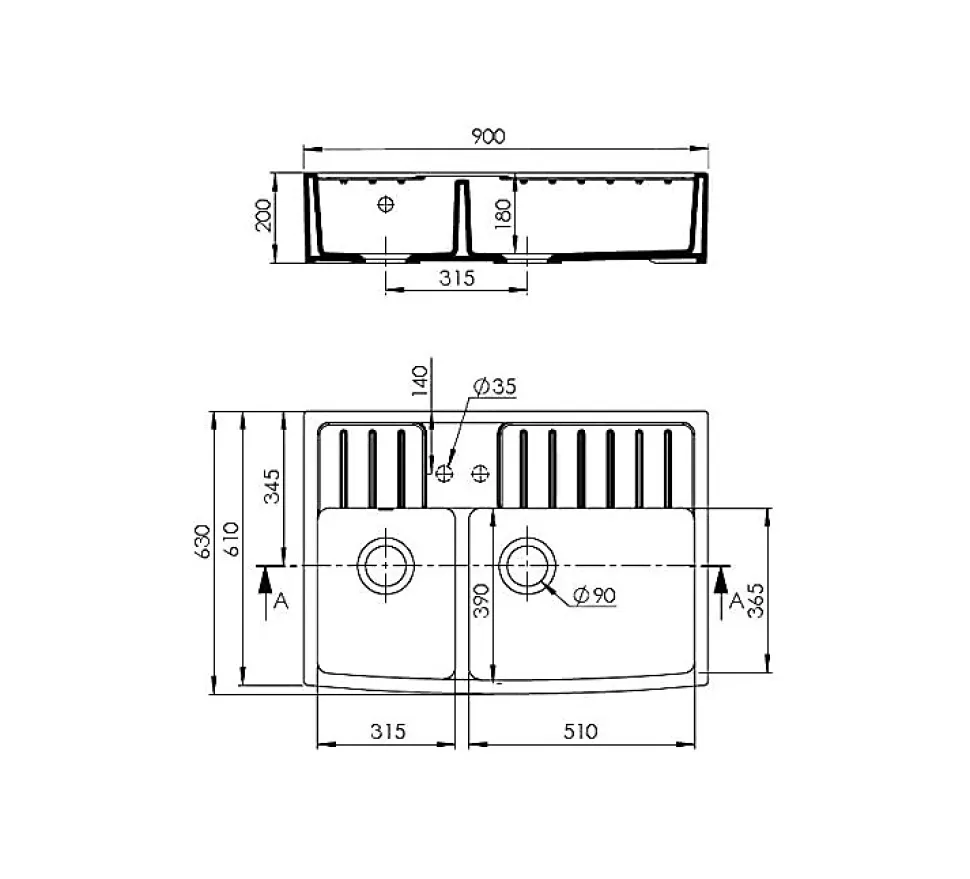 Évier céramique blanc Country 2 bacs 90 cm