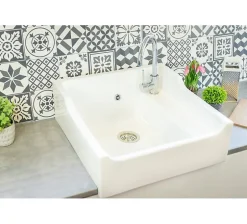 Évier céramique timbre d'office 1 bac vintage blanc 60 cm