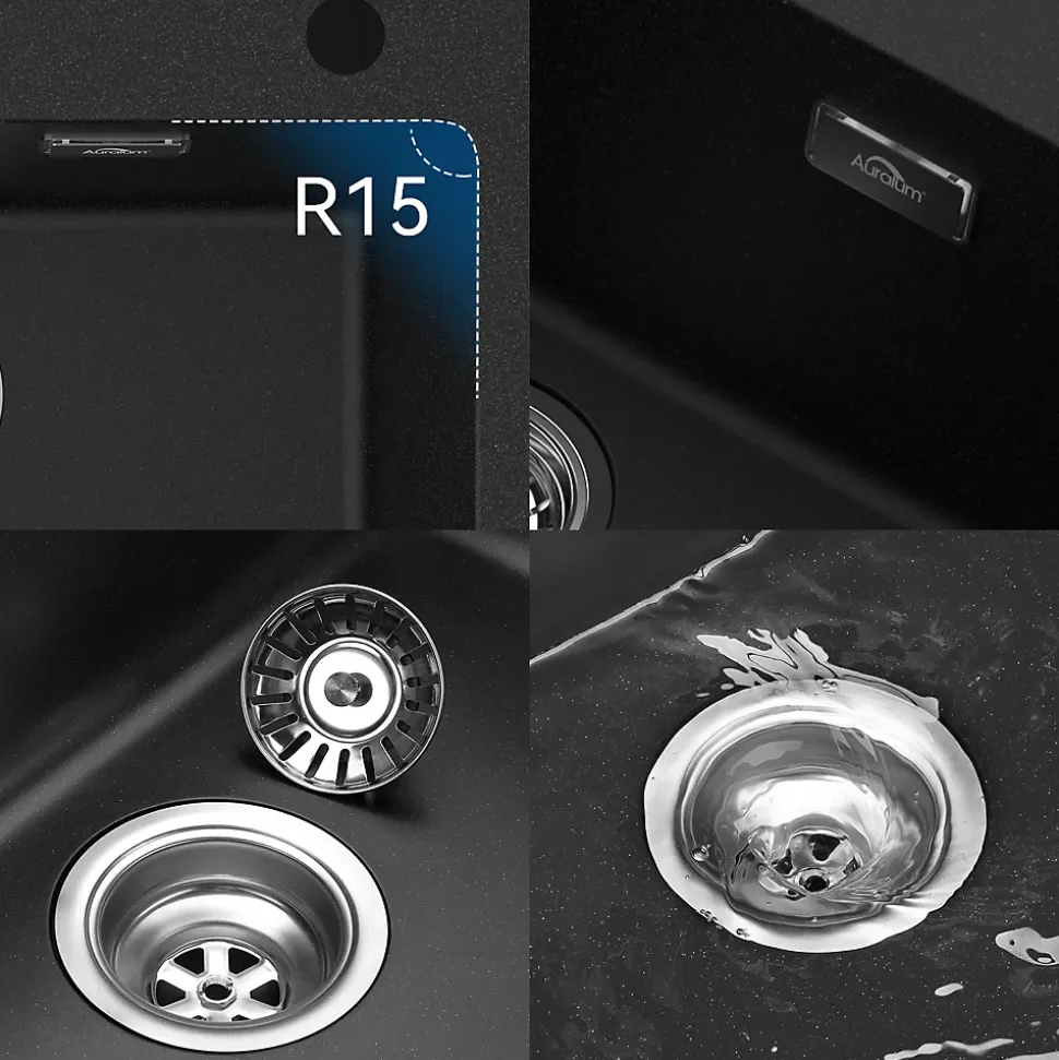 Évier Cuisine 1 Bac en Granit 55cm, Kit de Vidage, Évier Cuisine Encastré, Trous de Montage pour Robinet/Distributeur Savon, Noir