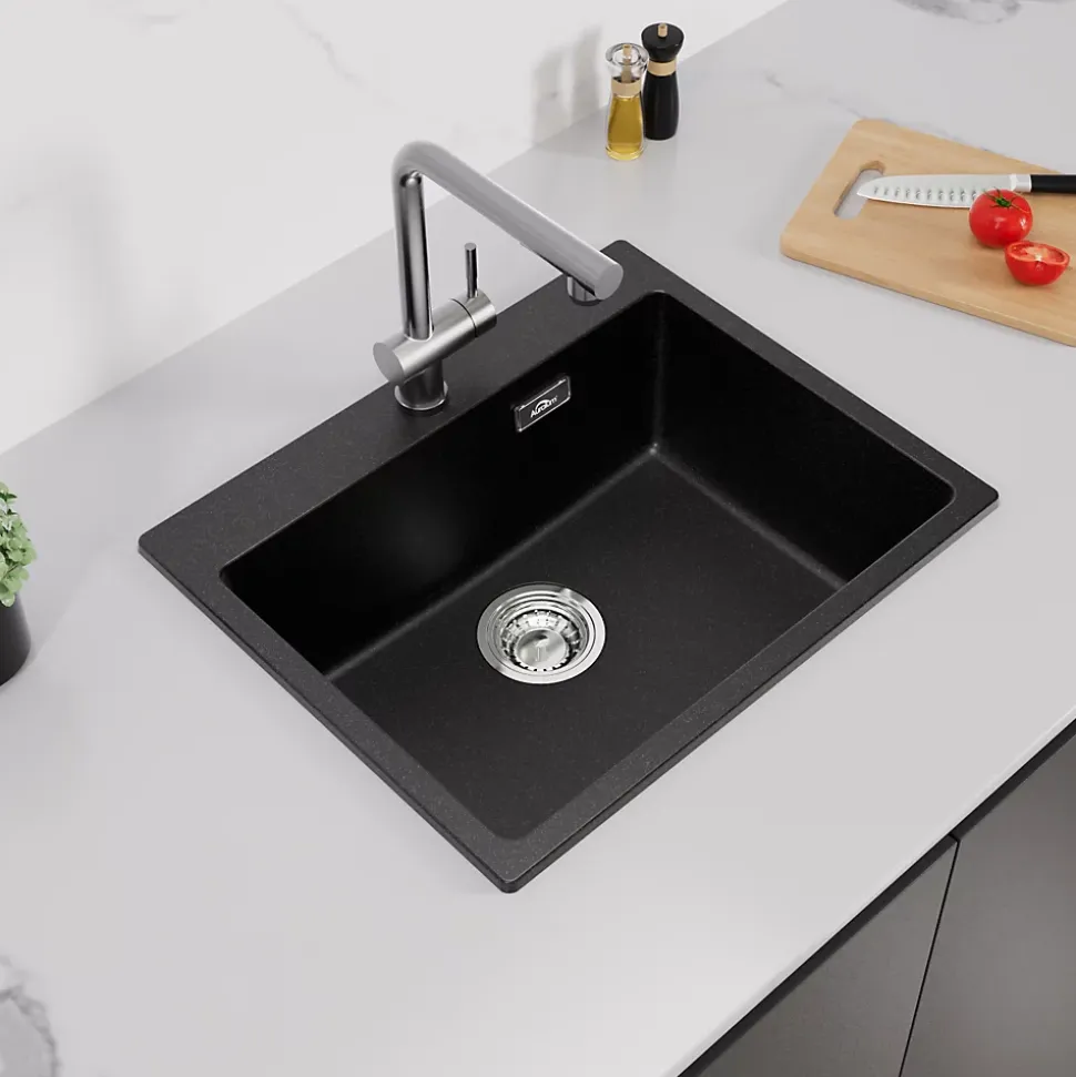 Évier Cuisine 1 Bac en Granit 55cm, Kit de Vidage, Évier Cuisine Encastré, Trous de Montage pour Robinet/Distributeur Savon, Noir