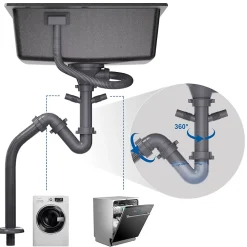 Évier Cuisine 1 Bac en Granit 55cm, Kit de Vidage, Évier Cuisine Encastré, Trous de Montage pour Robinet/Distributeur Savon, Noir