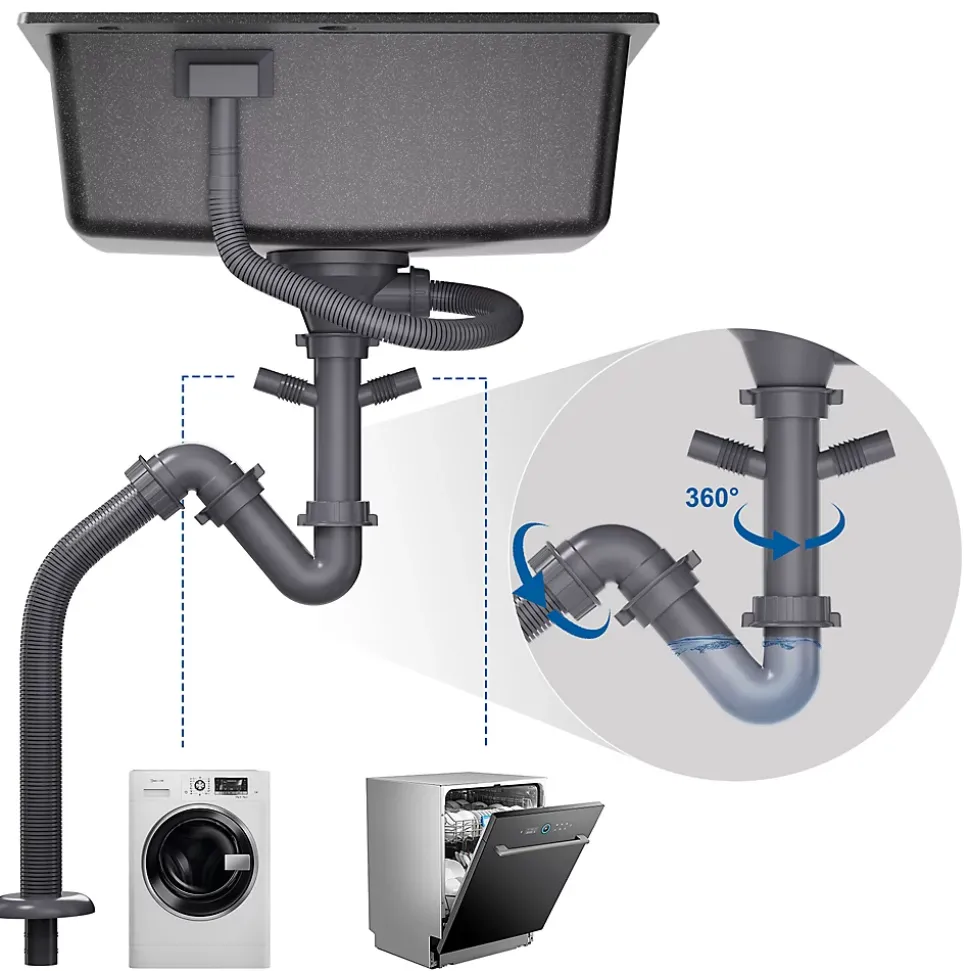 Évier Cuisine 1 Bac en Granit 55cm, Kit de Vidage, Évier Cuisine Encastré, Trous de Montage pour Robinet/Distributeur Savon, Noir